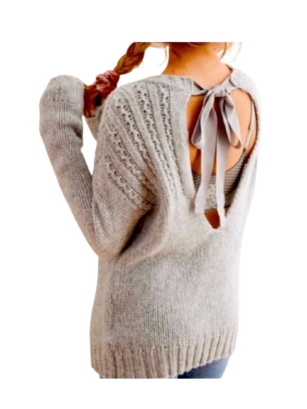 Women's L Aerie Textured Bow Back Gray Crew Neck Sweater in Gray